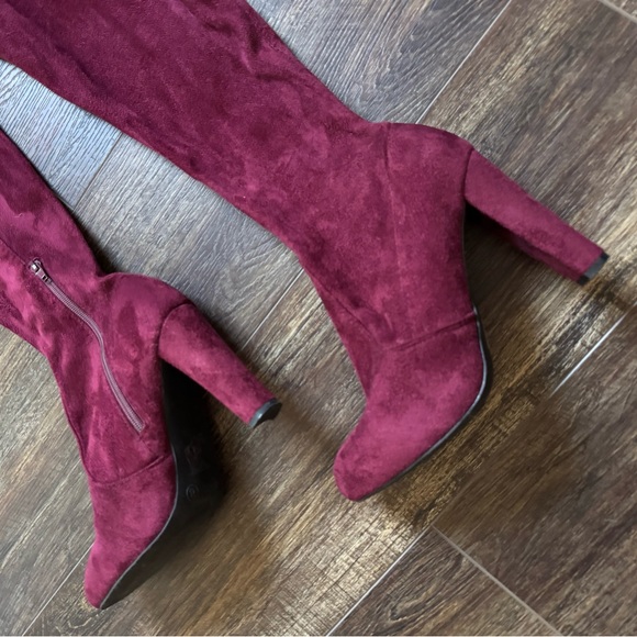 Burgundy Over-the-Knee Suede Boots Size 8 | Lace Back Heeled Tall Boots - Picture 2 of 3